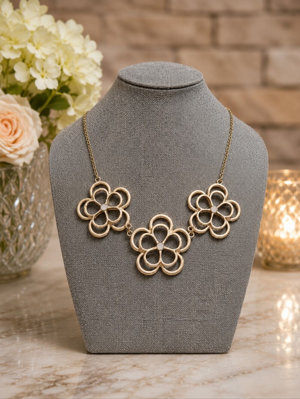 Gold Triple Daisy Bib Necklace – Cream Enamel